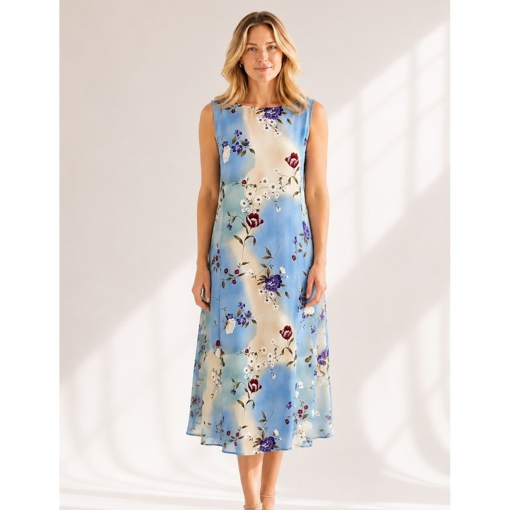 Graver Studio Womens Blue Floral Sleeveless Midi Dress Back Tie Size L A98431